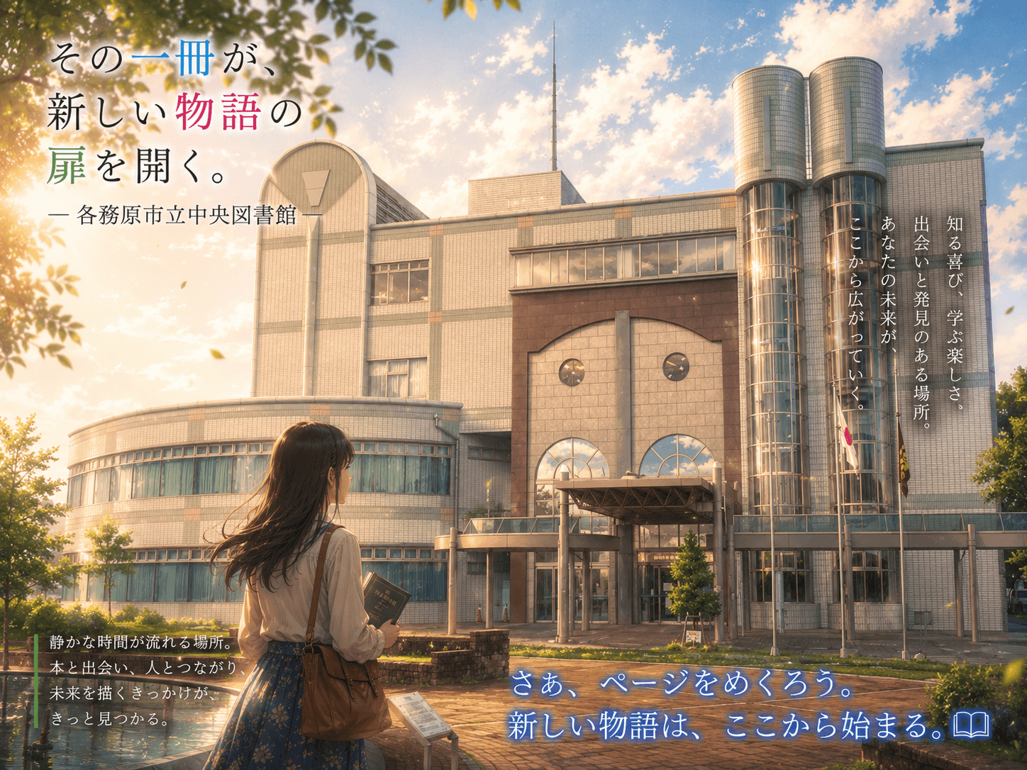 市民公園の緑に囲まれた各務原市立中央図書館のイメージ