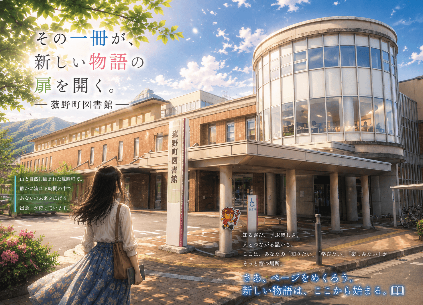 吹き抜けのアーチから光が降り注ぐ菰野町図書館のイメージ