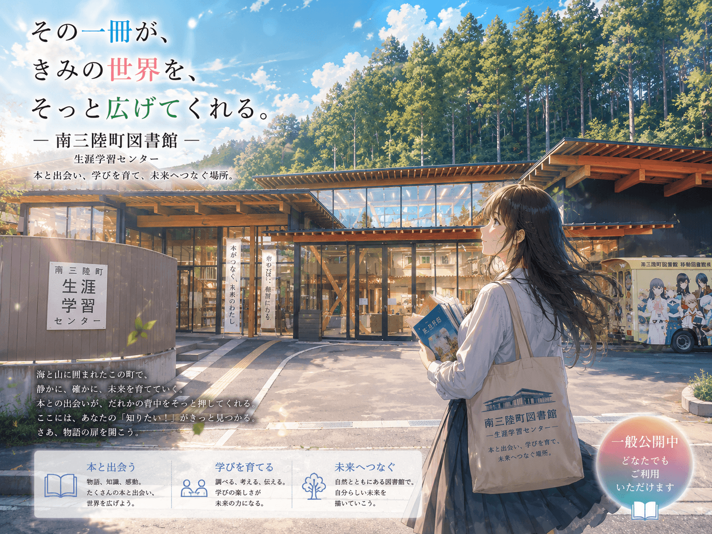 南三陸町図書館の外観イメージ(AIによるイラスト)