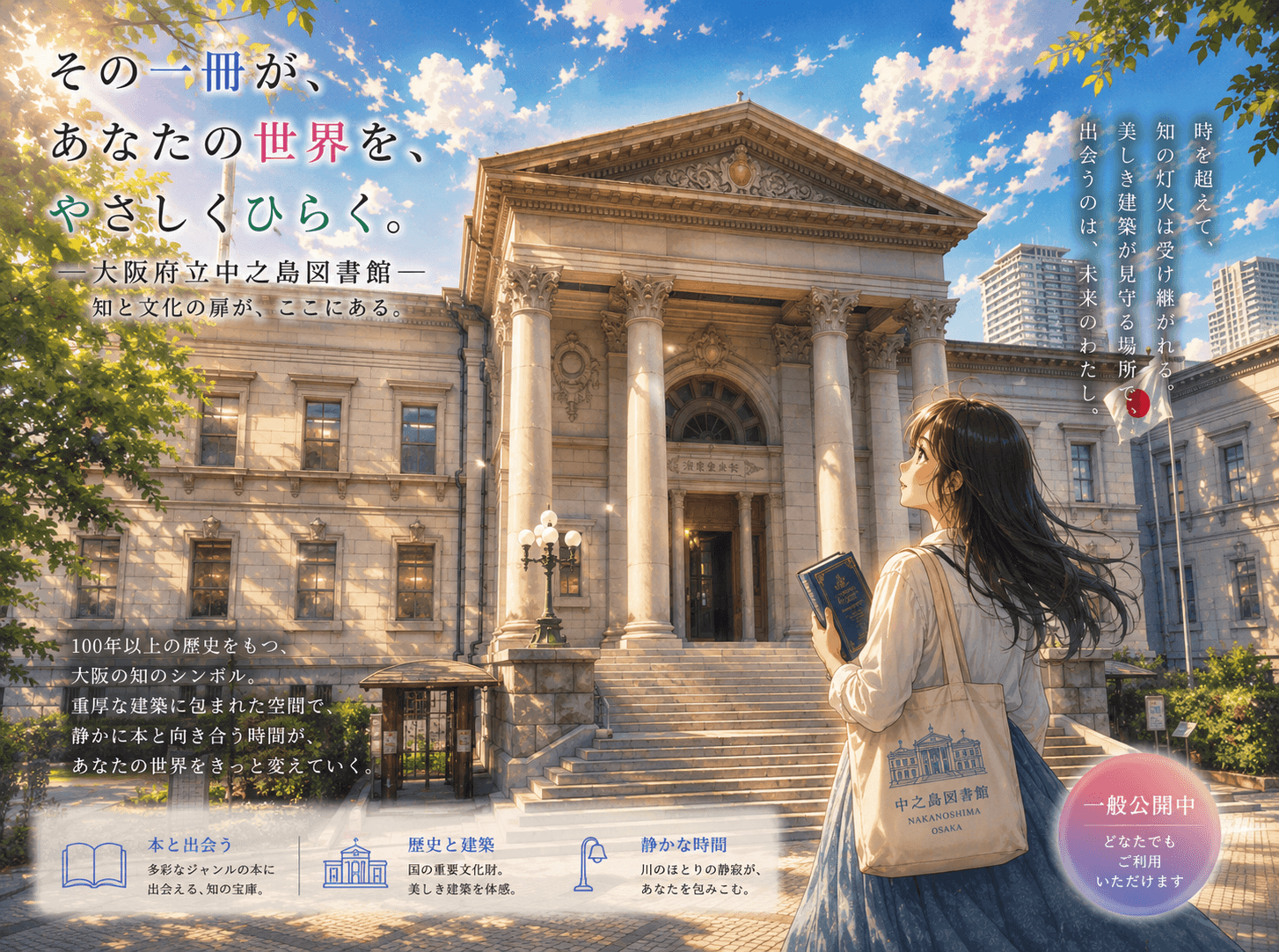 大阪府立中之島図書館の外観イメージ(AIによるイラスト)