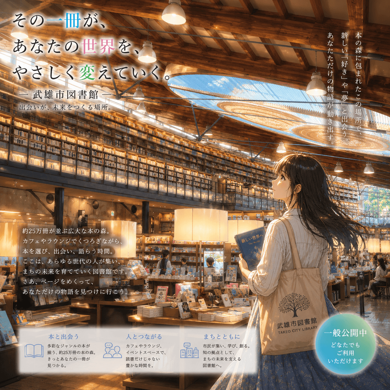 武雄市図書館の外観イメージ(AIによるイラスト)