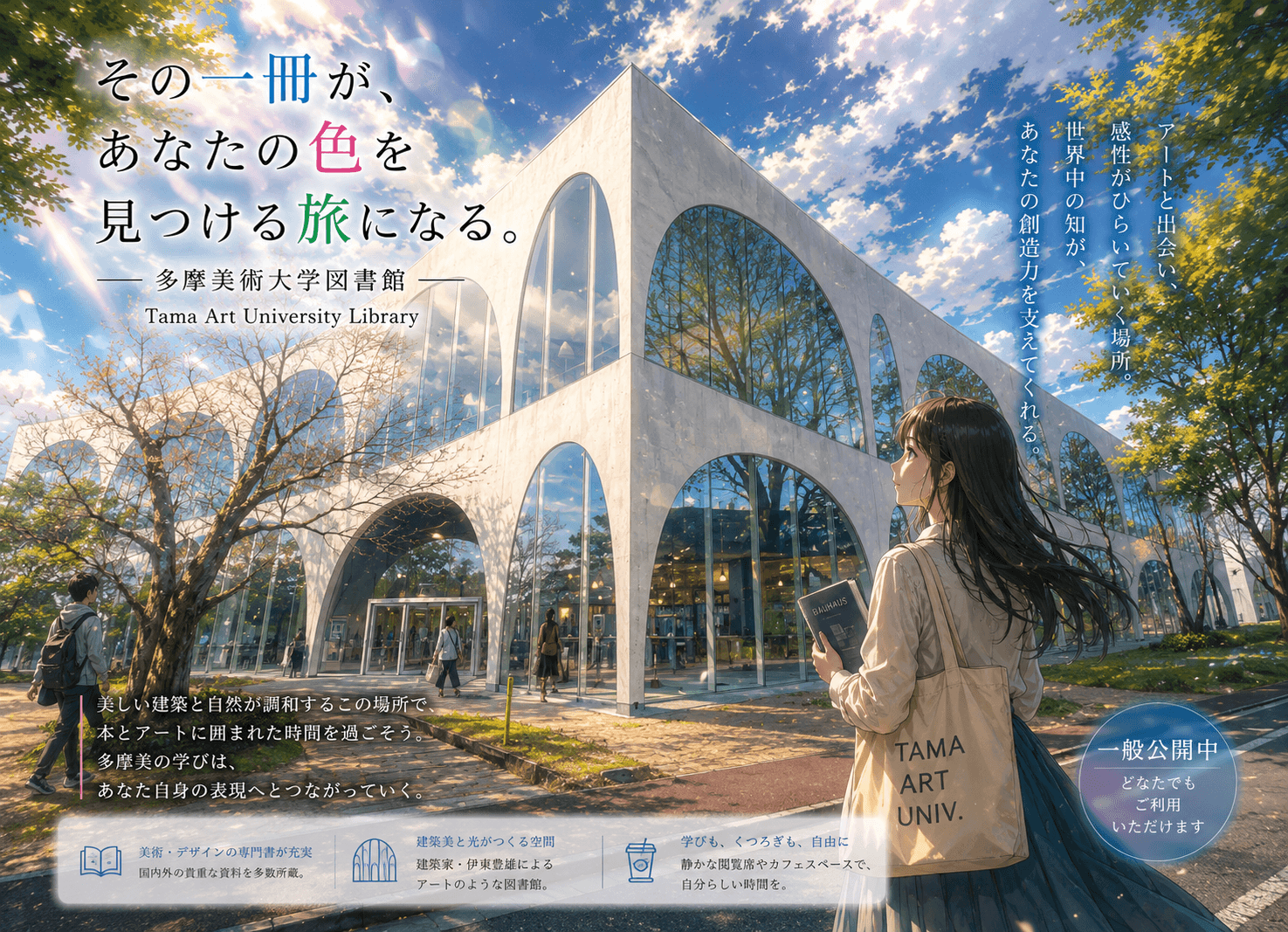 多摩美術大学図書館の外観イメージ(AIによるイラスト)