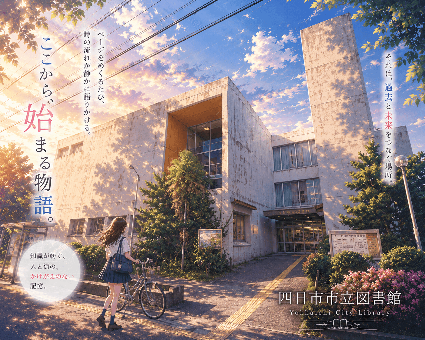 四日市市立図書館の外観イメージ(AIによるイラスト)
