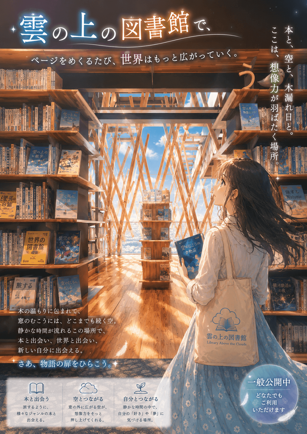雲の上の図書館の外観イメージ(AIによるイラスト)